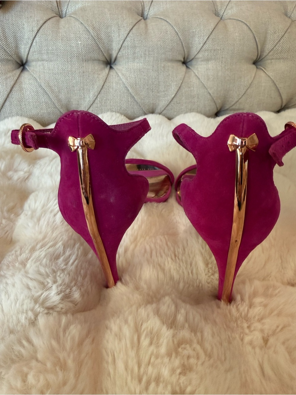 Ted Baker London Fuchsia Suede High Heel Sandals with Gold Bow Accents
